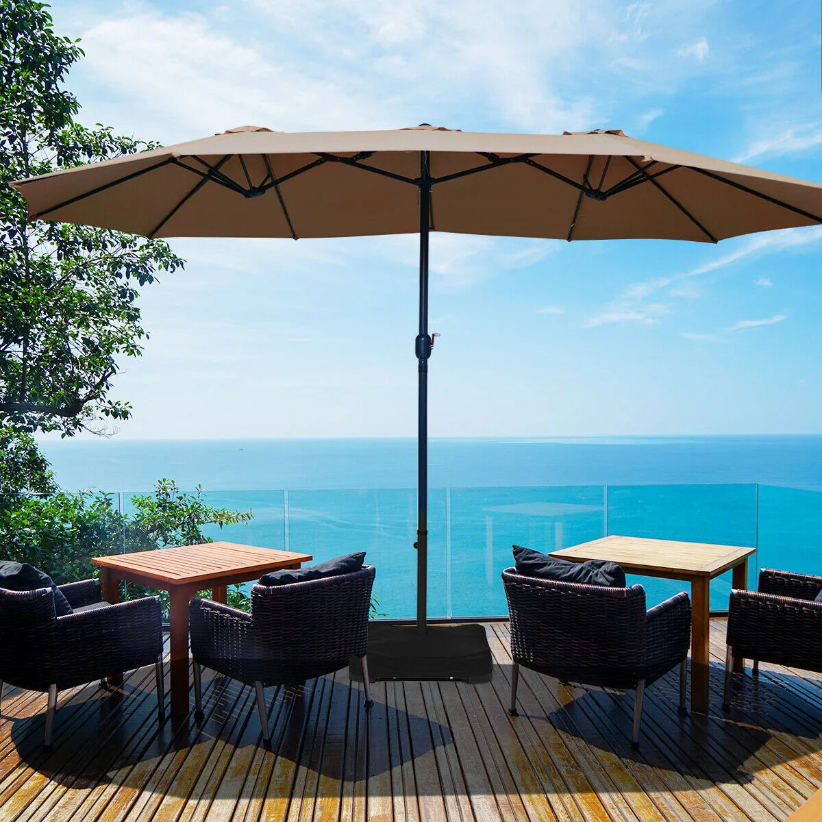 15 Foot Extra Large Patio Double Sided Umbrella with Crank and Base-Tan