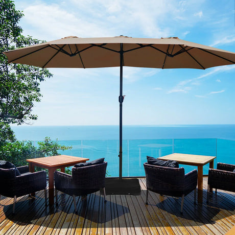 15 Foot Extra Large Patio Double Sided Umbrella with Crank and Base-Tan