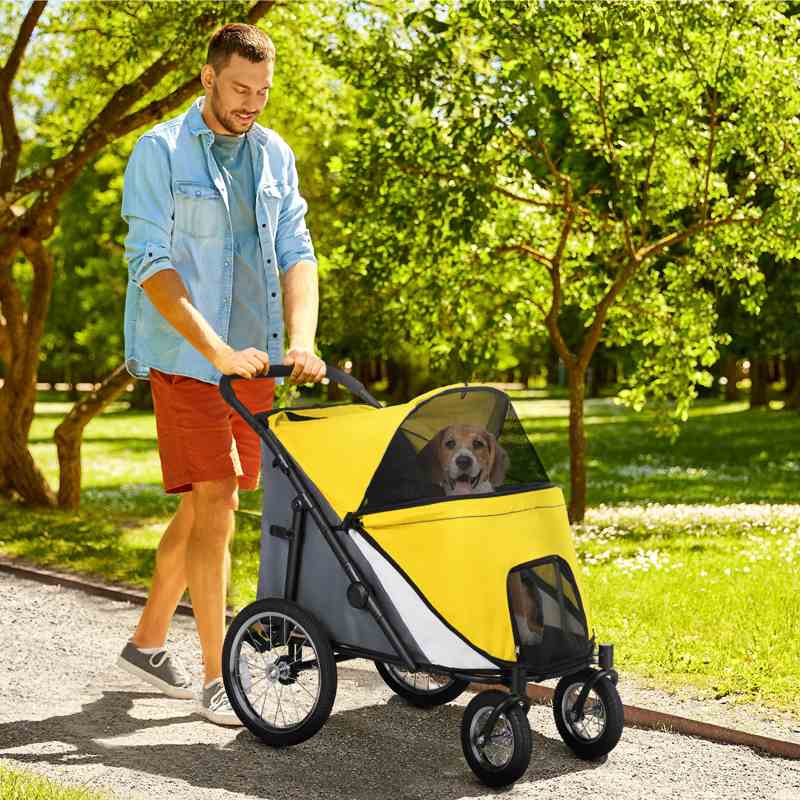 PawHut Foldable Pet Stroller, with Washable Cushion, Storage Bags, Safety Leash, for Medium, Large Dogs, Catts, Travel - Yellow