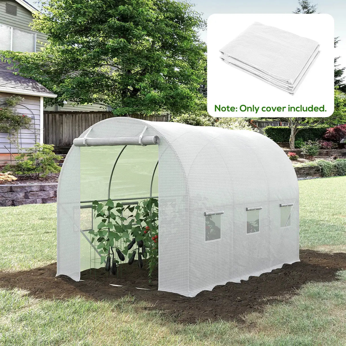 Outsunny 3 x 2 x 2m Polytunnel Greenhouse Replacement Cover ONLY Winter Garden Plant PE Cover for Tunnel Walk-in Greenhouse with Roll-up Windows Door Outdoor, White