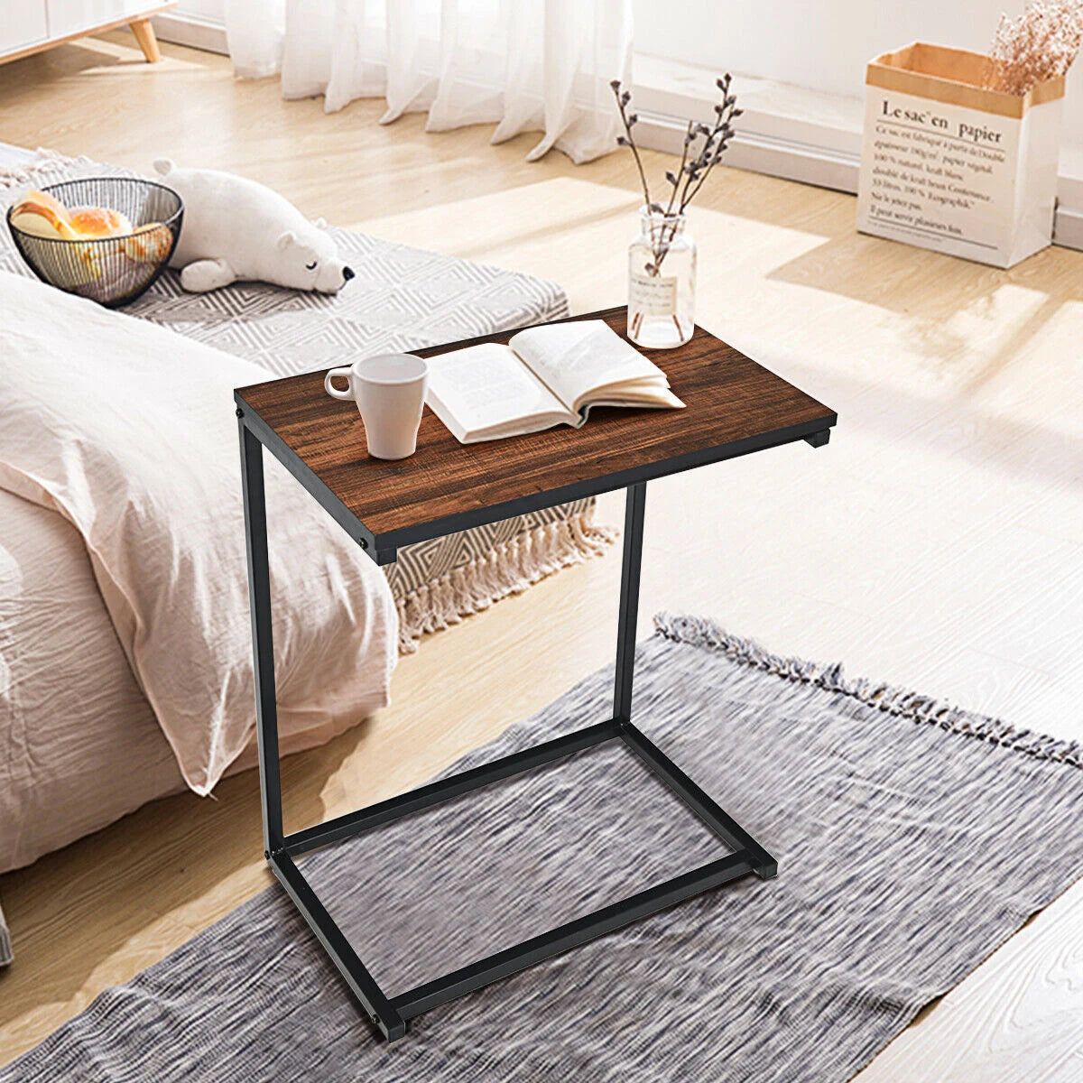 Industrial Styled C Shaped Side, End Table-Brown