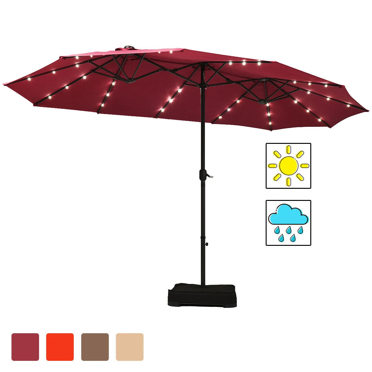 15 Ft Solar LED Patio Double-sided Umbrella Market Umbrella with Weight Base-Red