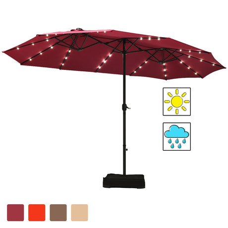 15 Ft Solar LED Patio Double-sided Umbrella Market Umbrella with Weight Base-Red