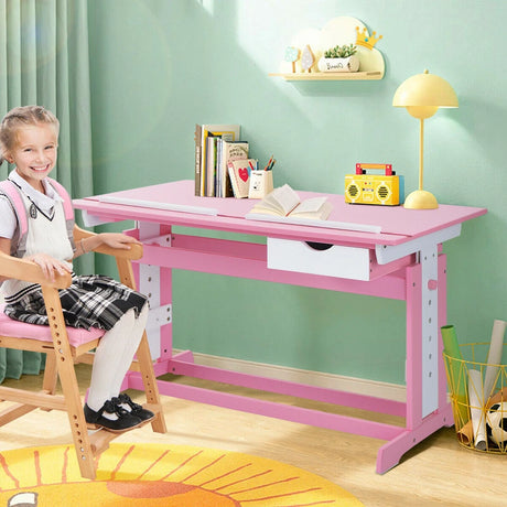 Children's Height Adjustable Tilting Drawing Table with Storage-Pink