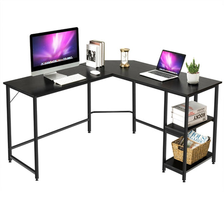 L-Shaped Corner Computer Desk with 2-Tier Storage Shelf-Black