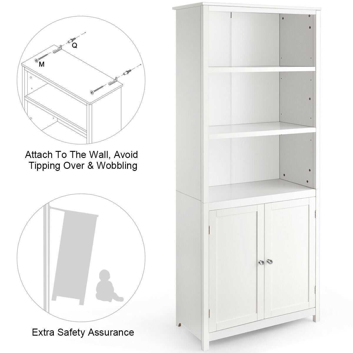3-Shelf Bookcase with Double Doors &amp; Adjustable Shelves &amp; Cabinet-White