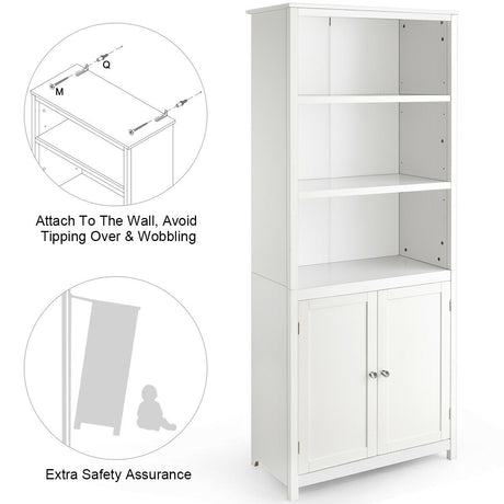 3-Shelf Bookcase with Double Doors &amp; Adjustable Shelves &amp; Cabinet-White