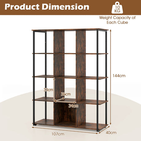 12-Cube Bookcase with 2 Anti-tipping Kits for Living Room-Rustic Brown