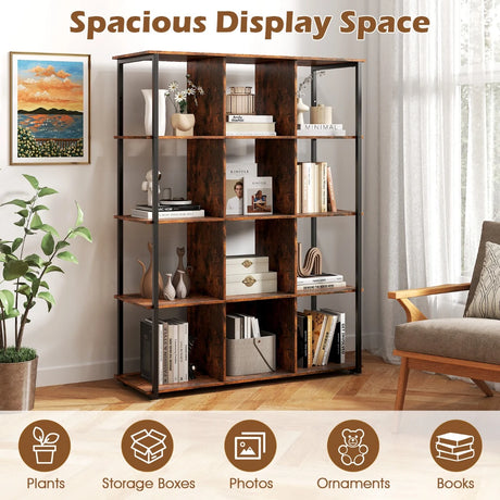 12-Cube Bookcase with 2 Anti-tipping Kits for Living Room-Rustic Brown