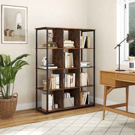 12-Cube Bookcase with 2 Anti-tipping Kits for Living Room-Rustic Brown