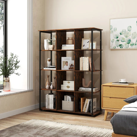 12-Cube Bookcase with 2 Anti-tipping Kits for Living Room-Rustic Brown