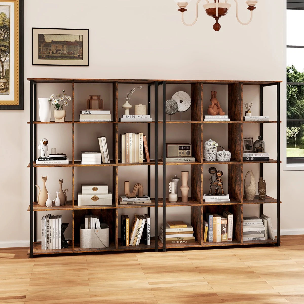 12-Cube Bookcase with 2 Anti-tipping Kits for Living Room-Rustic Brown