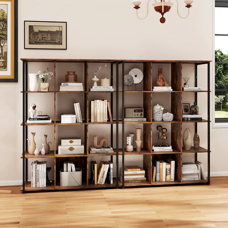 12-Cube Bookcase with 2 Anti-tipping Kits for Living Room-Rustic Brown