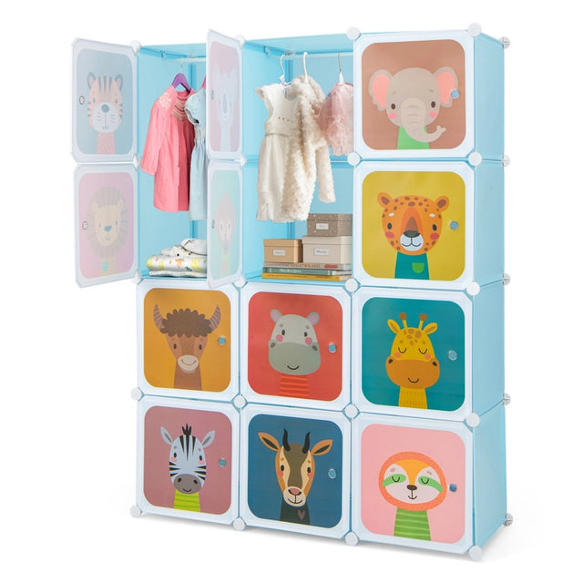 12 Cube Kids Wardrobe Closet with Hanging Section and Doors-Blue