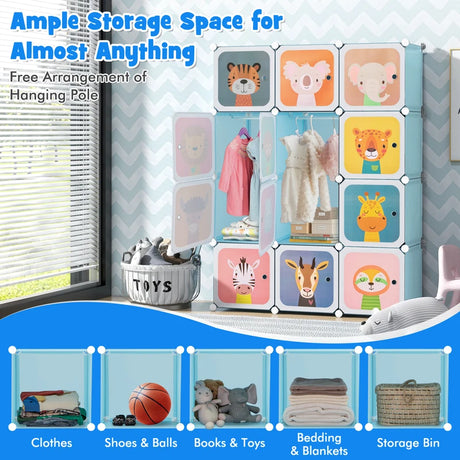 12 Cube Kids Wardrobe Closet with Hanging Section and Doors-Blue