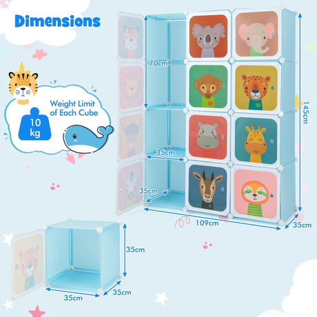 12 Cube Kids Wardrobe Closet with Hanging Section and Doors-Blue