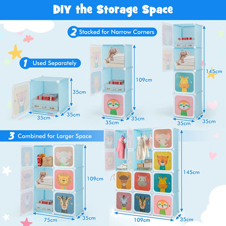 12 Cube Kids Wardrobe Closet with Hanging Section and Doors-Blue