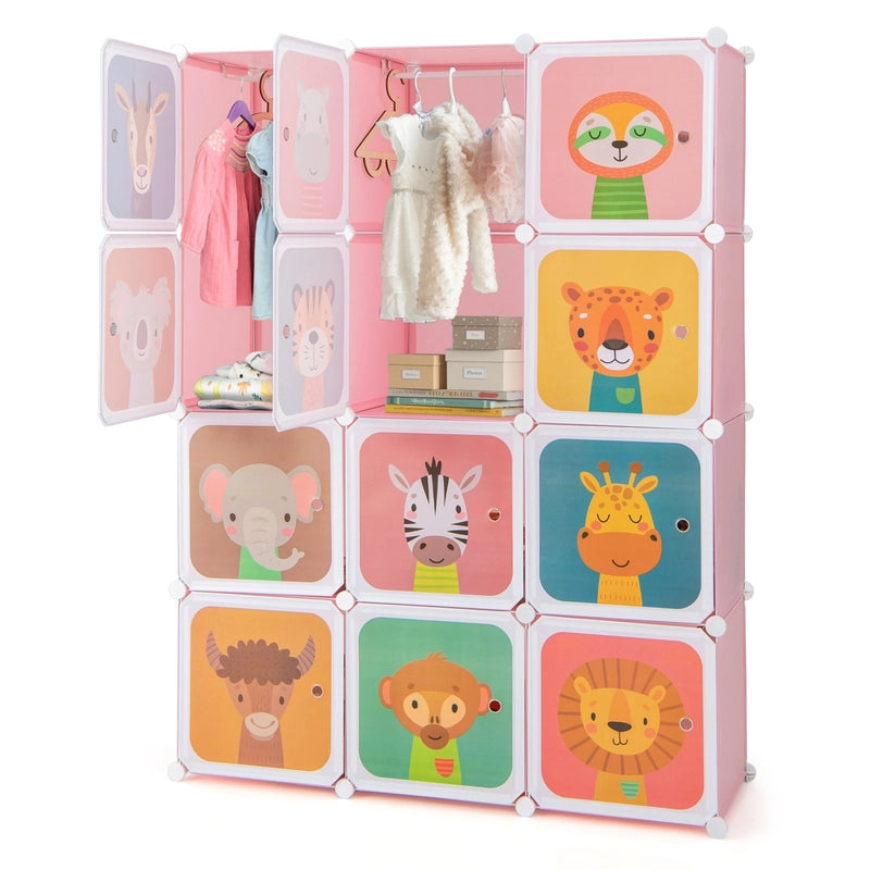 12 Cube Kids Wardrobe Closet with Hanging Section and Doors-Pink
