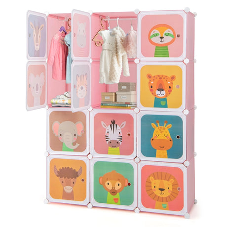 12 Cube Kids Wardrobe Closet with Hanging Section and Doors-Pink