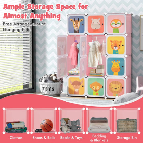 12 Cube Kids Wardrobe Closet with Hanging Section and Doors-Pink