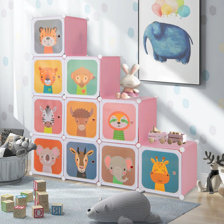 12 Cube Kids Wardrobe Closet with Hanging Section and Doors-Pink