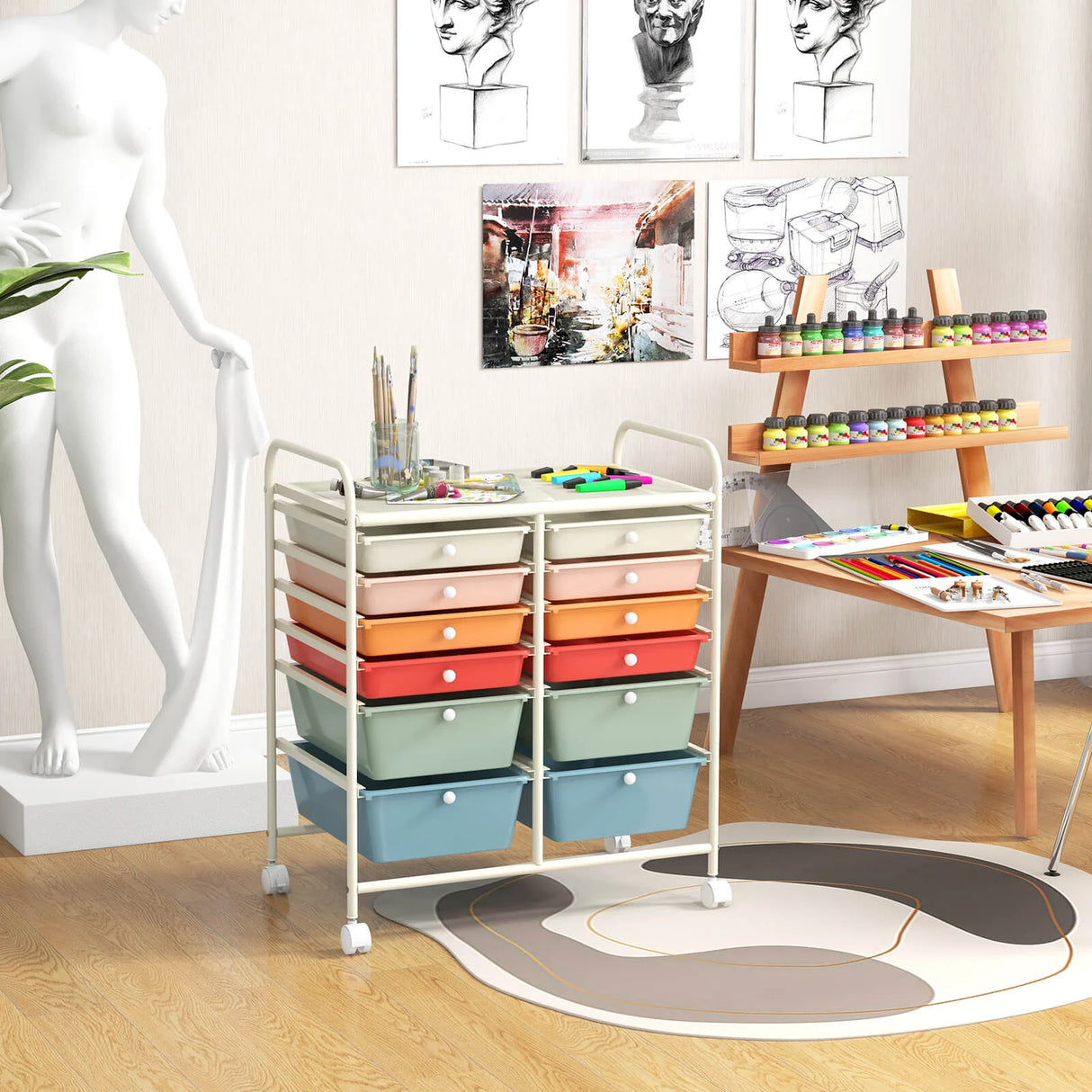12 Drawers Rolling Cart Storage Scrapbook Paper Organizer Bins-Deep Multicolor