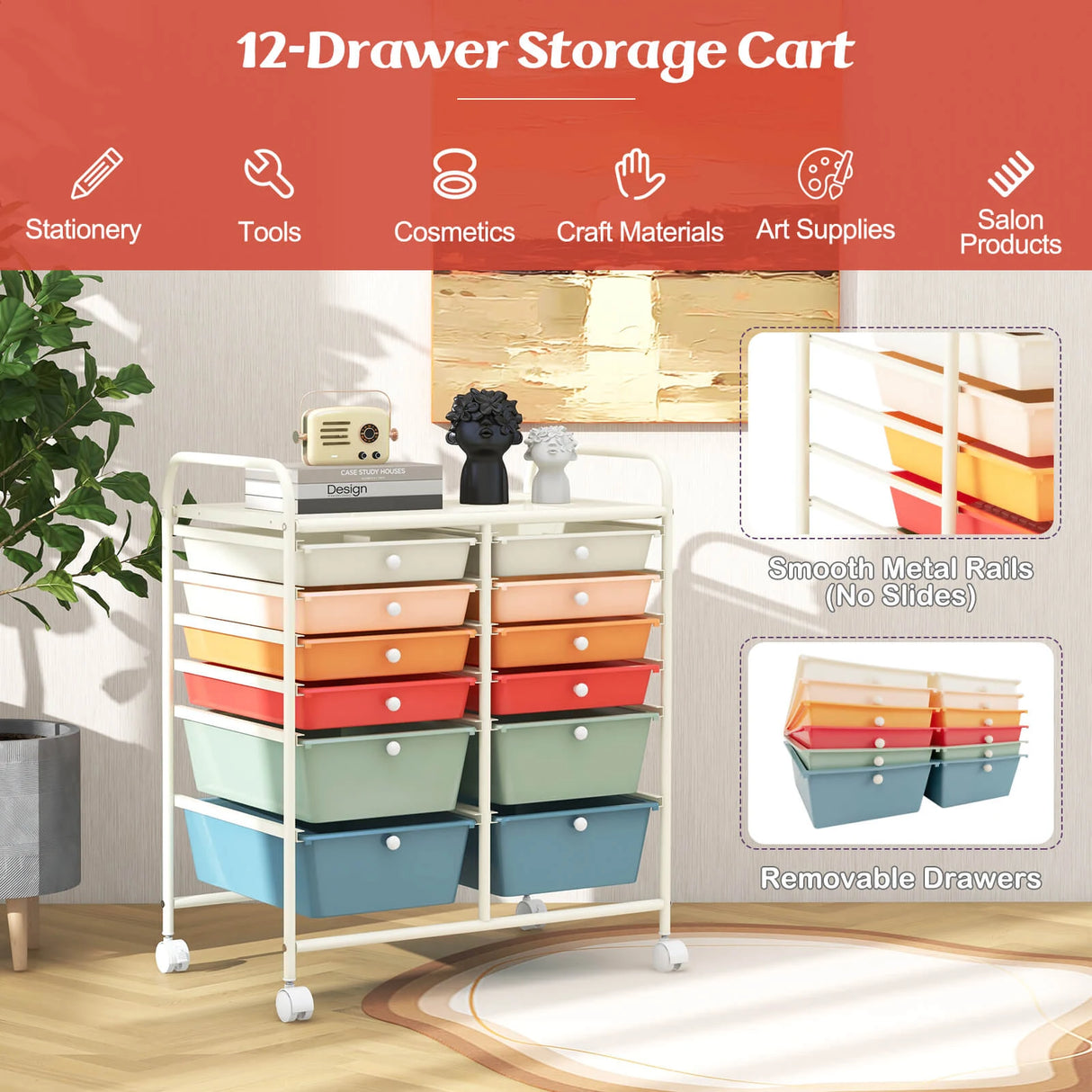 12 Drawers Rolling Cart Storage Scrapbook Paper Organizer Bins-Deep Multicolor