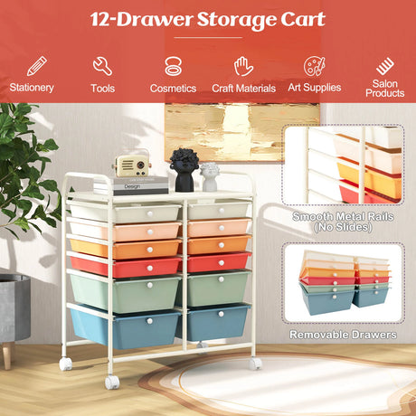 12 Drawers Rolling Cart Storage Scrapbook Paper Organizer Bins-Deep Multicolor