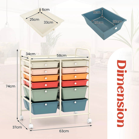12 Drawers Rolling Cart Storage Scrapbook Paper Organizer Bins-Deep Multicolor