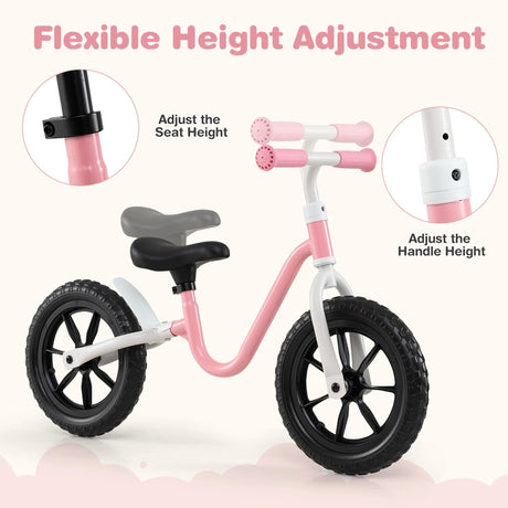 12 Inch Balance Bike No Pedal Training Bicycle with Adjustable Handle and Seat-Pink