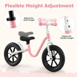 12 Inch Balance Bike No Pedal Training Bicycle with Adjustable Handle and Seat-Pink