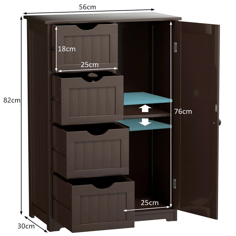 Freestanding Storage Cupboard with Adjustable Shelf and Drawers-Brown
