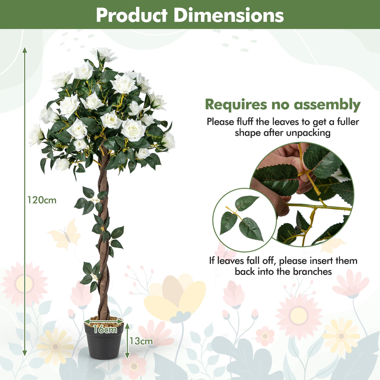 120 CM Artificial Flower Tree Faux Floral Plant with White Roses