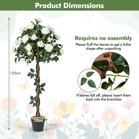120 CM Artificial Flower Tree Faux Floral Plant with White Roses