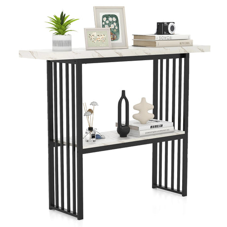 120 cm Long Narrow Console Table Faux Marble Entryway Table-White