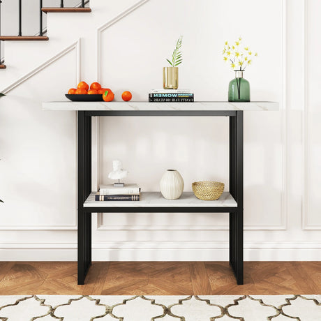 120 cm Long Narrow Console Table Faux Marble Entryway Table-White