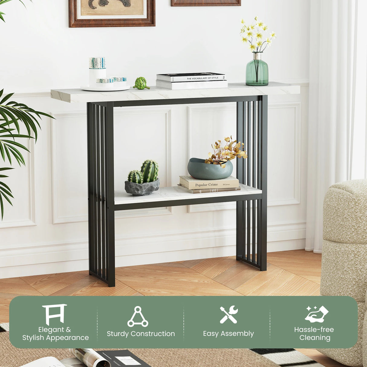 120 cm Long Narrow Console Table Faux Marble Entryway Table-White