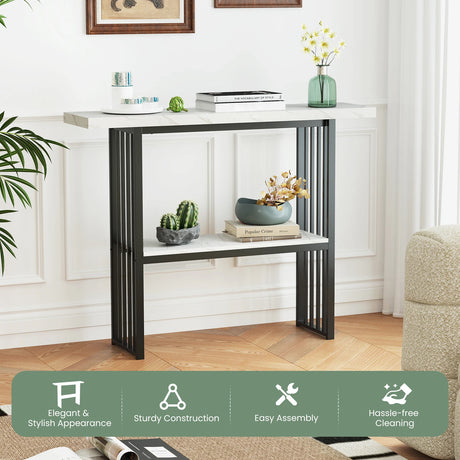 120 cm Long Narrow Console Table Faux Marble Entryway Table-White