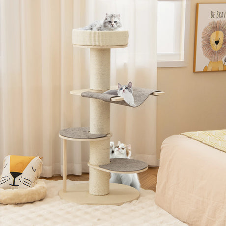 Multi-level Wooden Cat Tower with Thickened Sisal Scratching Posts for Indoor Cats-Grey