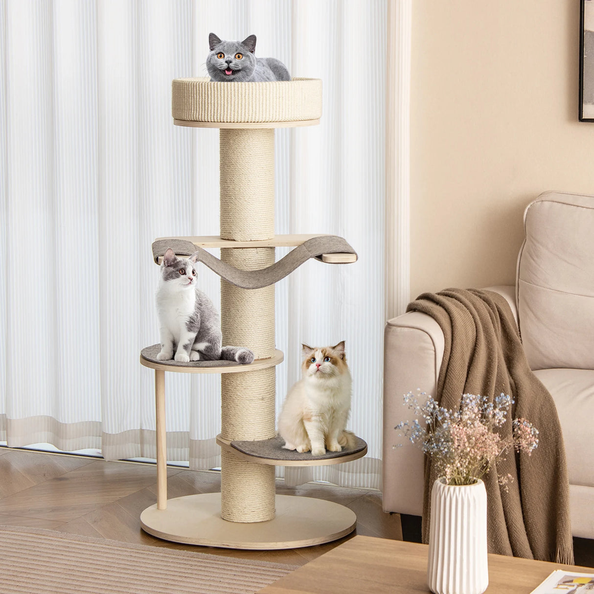 Multi-level Wooden Cat Tower with Thickened Sisal Scratching Posts for Indoor Cats-Grey