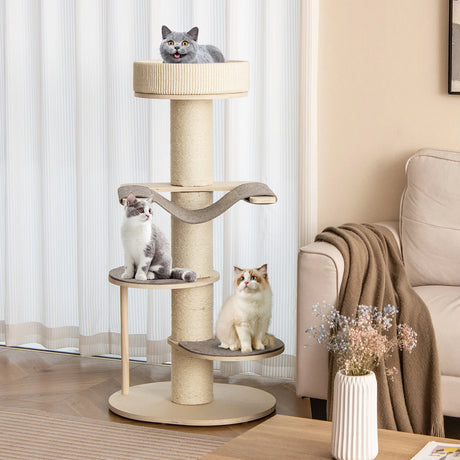 Multi-level Wooden Cat Tower with Thickened Sisal Scratching Posts for Indoor Cats-Grey