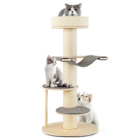 Multi-level Wooden Cat Tower with Thickened Sisal Scratching Posts for Indoor Cats-Grey