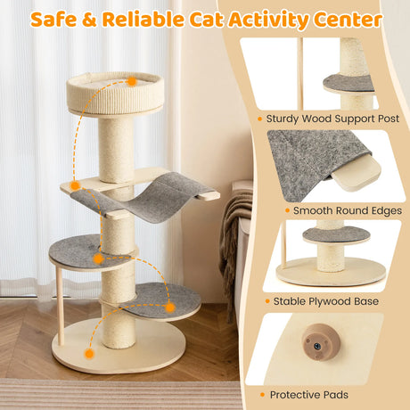 Multi-level Wooden Cat Tower with Thickened Sisal Scratching Posts for Indoor Cats-Grey