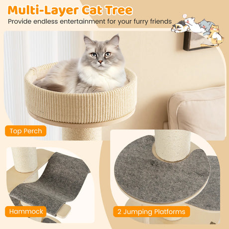 Multi-level Wooden Cat Tower with Thickened Sisal Scratching Posts for Indoor Cats-Grey