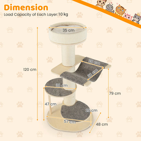 Multi-level Wooden Cat Tower with Thickened Sisal Scratching Posts for Indoor Cats-Grey