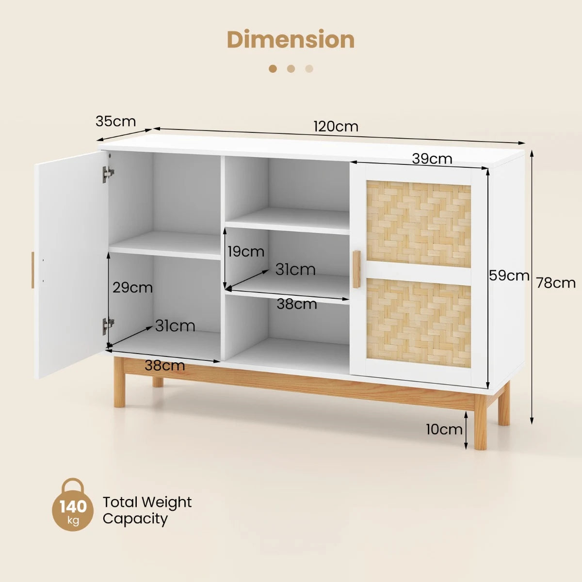 48 Inch Sideboard Buffet Cabinet Floor Storage Cabinet with 2 Bamboo Woven Doors-White
