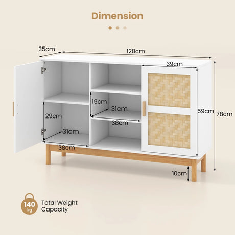 48 Inch Sideboard Buffet Cabinet Floor Storage Cabinet with 2 Bamboo Woven Doors-White