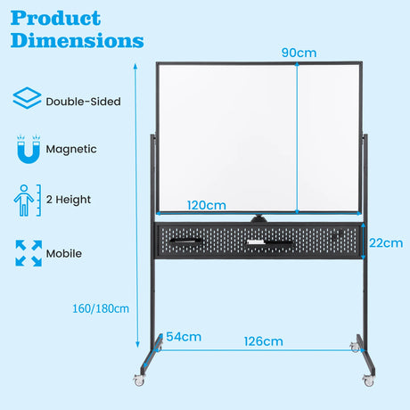 120 x 90 CM Double-Sided Dry Erase Mobile Board with Stand-Black
