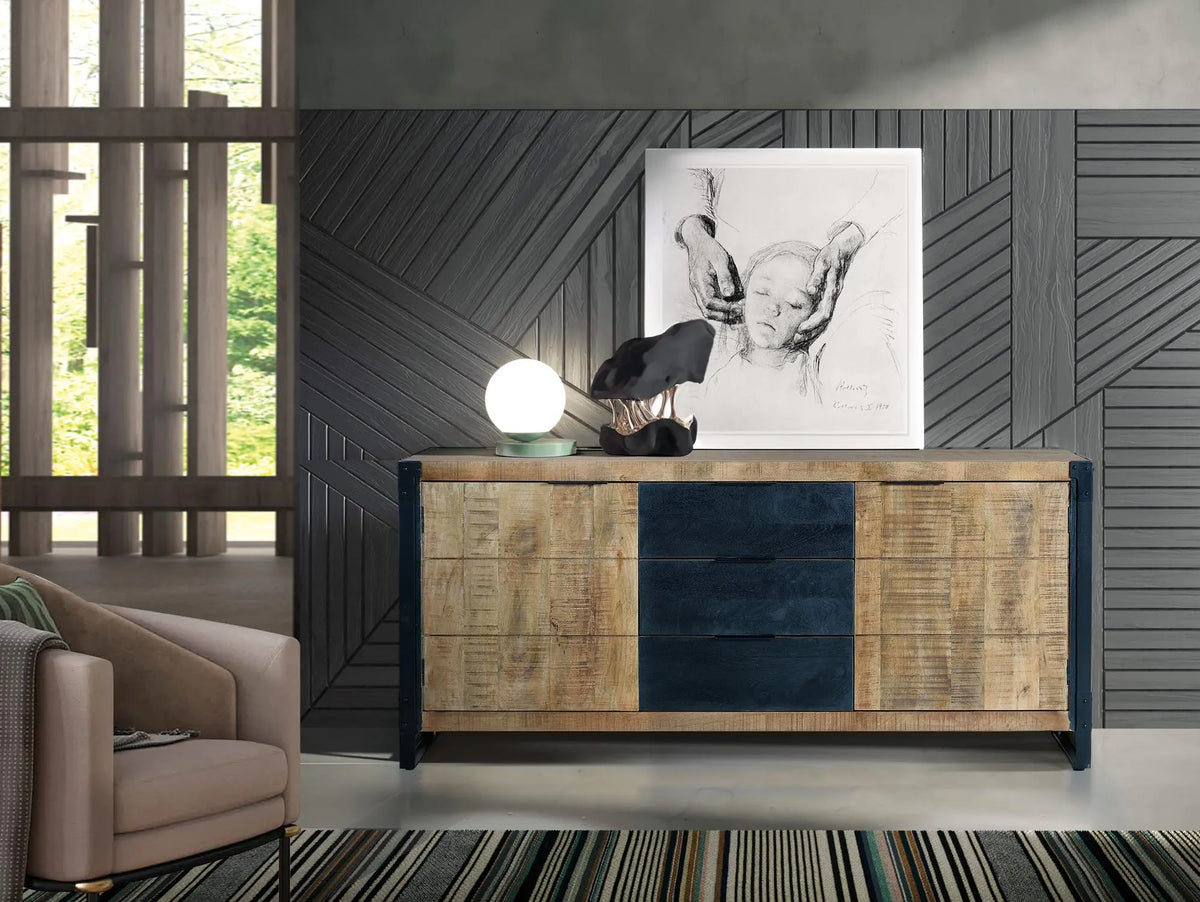 Giner and Colomer - Industrial 2-Door, 3-Drawer Mango Wood & Metal Sideboard