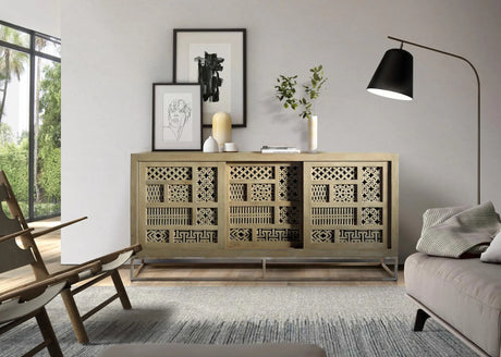 Giner and Colomer - Mango Wood Sideboard With 3 Sliding Doors & Hand-Carved Details